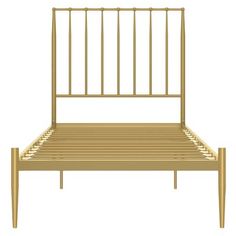 a golden bed frame with wooden slats on the headboard and foot board, isolated against a white background