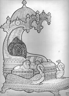 a drawing of a man sitting on top of a bed with an elaborate headboard