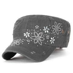 "ililily Crystal Gemstone Stud Flower Vintage Cotton Military Army Hat Cadet Cap Style: military inspired army radar cap casual cadet cap in 4 colors Trim: VINTAGE DISTRESSED SOLID COTTON MILITARY ARMY HAT LARGE SIZE CADET CAP with ADJUSTABLE STRAPBACK. cute crystal gemstone and stud flower trim on front. suitable for both daily look and outdoor activities, perfect for traveling, daily life, hiking, camping, running, cycling, and other sports. Brim: military army hat with a curved and short brim Y2k Hats, 2000s Accessories, Women's Caps, Cadet Hat, Army Hat, Dream Aesthetic, Hat Patterns, Ball Caps, Flower Vintage