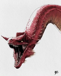 a drawing of a red dragon with its mouth open