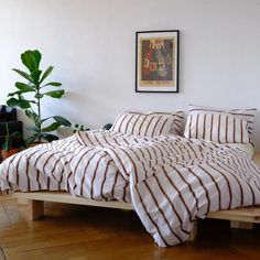 a bed sitting on top of a hard wood floor next to a potted plant