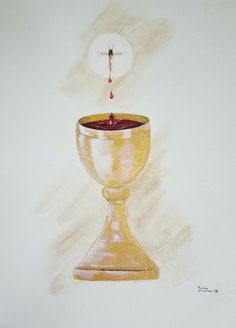 a drawing of a chalice with a drop of blood coming out of it