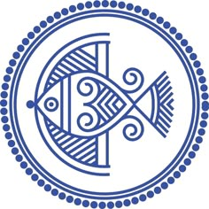 a blue and white fish in a circle with dots on it's border, as well as the letter c