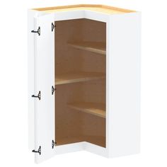 a white cabinet with wooden shelves and doors