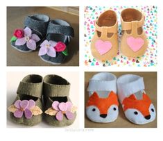 four pictures of baby shoes with felt flowers and leaves on them, including one for toddlers to wear