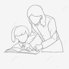 a woman teaching a child how to read a book, black and white, line drawing, hand drawn png and psd