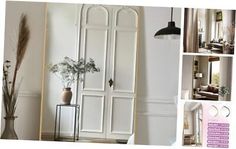 a collage of photos showing the inside of a room with white walls and furniture