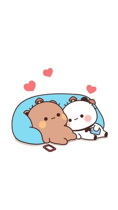 two cartoon bears cuddling together on a pillow