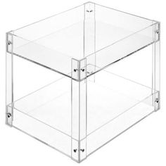 a clear glass shelf with two shelves on each side and one drawer at the bottom