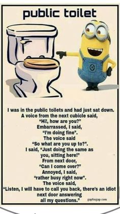 a minion standing next to a toilet with the caption'public toilet '