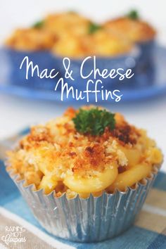 macaroni and cheese muffins with parsley in the middle on a blue plate