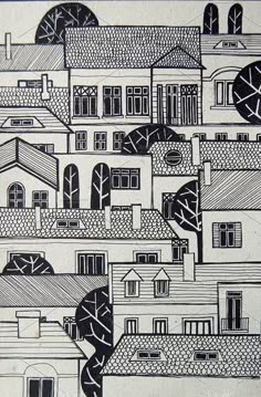 a black and white drawing of houses with rooftops