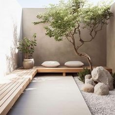 a small garden with rocks and a tree