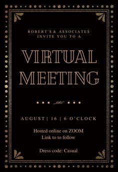 a black and gold event poster with the words virtual meeting on it's front