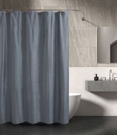 a bathroom with a sink, mirror and shower curtain in grey color on the wall