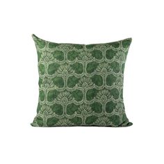 a green and white pillow on a white background