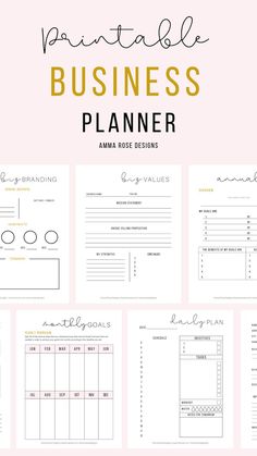 the ultimate printable business planner is shown with text overlaying it in gold and black