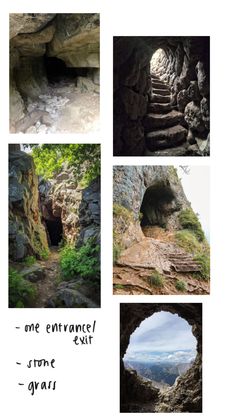 four different pictures show steps leading up to the cave