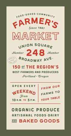 the farmer's market poster is shown in red, green and white with an image of