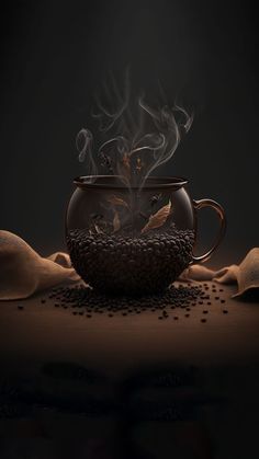 a steaming cup filled with coffee beans on top of a table