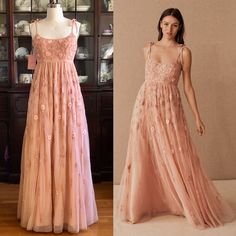 two dresses on mannequins, one in pink and the other in peach