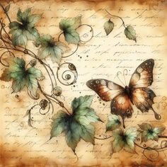 an artistic painting with butterflies and vines