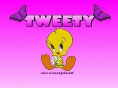 the cartoon tweety is holding a flower in front of a pink background with butterflies