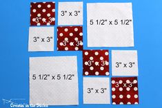 four square pieces of paper with white polka dots on them and one piece missing the numbers