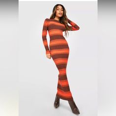 Boohoo Ombre Stripe Knitted Maxi Dress - Sweater Dress - Ribbed Dress - Extremely Stretchy - Nwot - Never Worn, No Tags Striped Fitted Maxi Dress For Fall, Casual Ribbed Maxi Dress For Fall, Trendy Orange Dress For Fall, Trendy Orange Fall Dress, Brown Stretch Maxi Dress For Fall, Stretch Brown Maxi Dress For Fall, Fitted Orange Maxi Dress For Fall, Brown Maxi Sweater Dress, Multicolor Stretch Knit Dresses