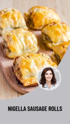 a wooden plate topped with pastries and a woman's face next to it