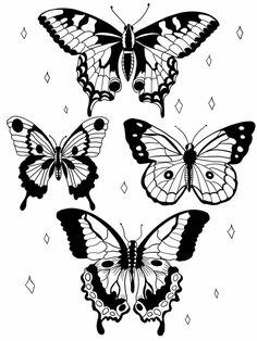 four butterflies with different shapes and sizes on them, all in black and white colors