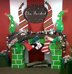 a fireplace decorated with christmas decorations and presents