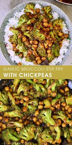 garlic broccoli stir fry with chickpeas in a bowl and on a plate