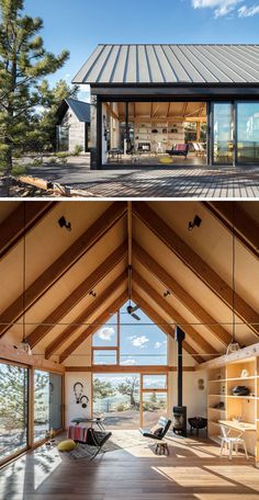 the inside and outside of a house with wooden floors, windows, and wood ceilinging