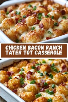 chicken bacon ranch tater tot casserole in a white dish