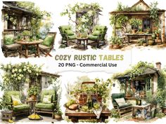 several images of cozy rustic tables with green furniture and flowers on the top, below them