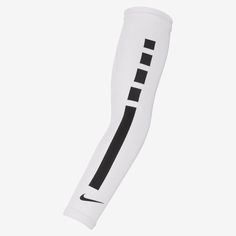 the nike leg sleeves are white with black letters on them and there is no image to describe