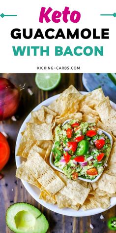 a white bowl filled with guacamole and chips