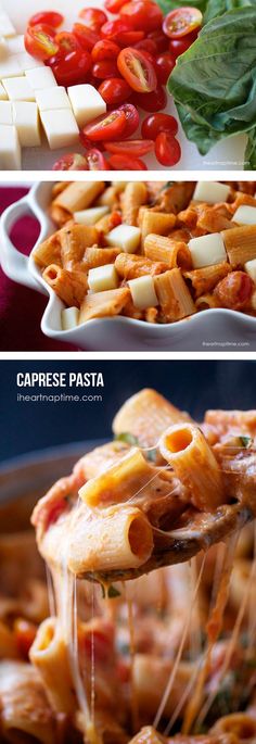 three different types of pasta with cheese, tomatoes and spinach