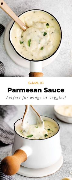 two images showing different types of sauces in white bowls with wooden spoons on the side