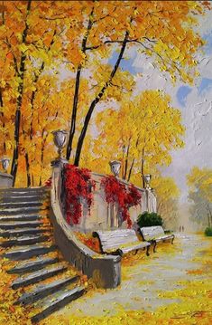 an oil painting of a park bench in the fall with yellow leaves on trees and steps leading up to it