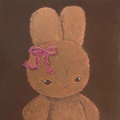 a painting of a brown bunny with a pink bow on it's head and eyes