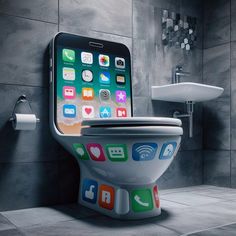 an iphone sitting on top of a toilet in a bathroom