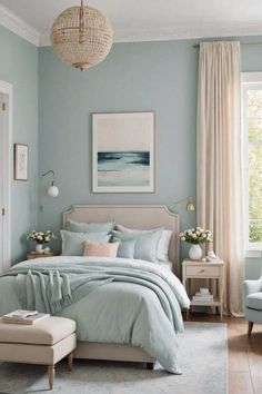 a bedroom with light blue walls and white furniture, including a large bed in the center