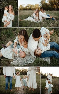 a collage of family photos in the grass