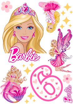 barbie doll birthday card with the number six and two fairy dolls in pink, gold and purple