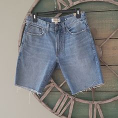 Madewell 9" Denim Shorts With Raw Hem Zipper And Button Front Closure 5 Pocket Construction. Pictures Taken Of Aprox Measurements Construction Pictures, Mens Denim Shorts, Cutoff Jean Shorts, High Rise Denim Shorts, Cut Off Jeans, Shorts Men, Slim Fit Shorts, Madewell Denim, High Rise Denim