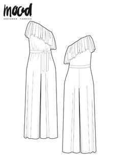 the front and back view of a jumpsuit with ruffles on the shoulders