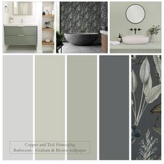 the color scheme for this bathroom is gray and has different shades of grey, green, and white