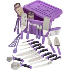 a set of kitchen utensils in a purple box